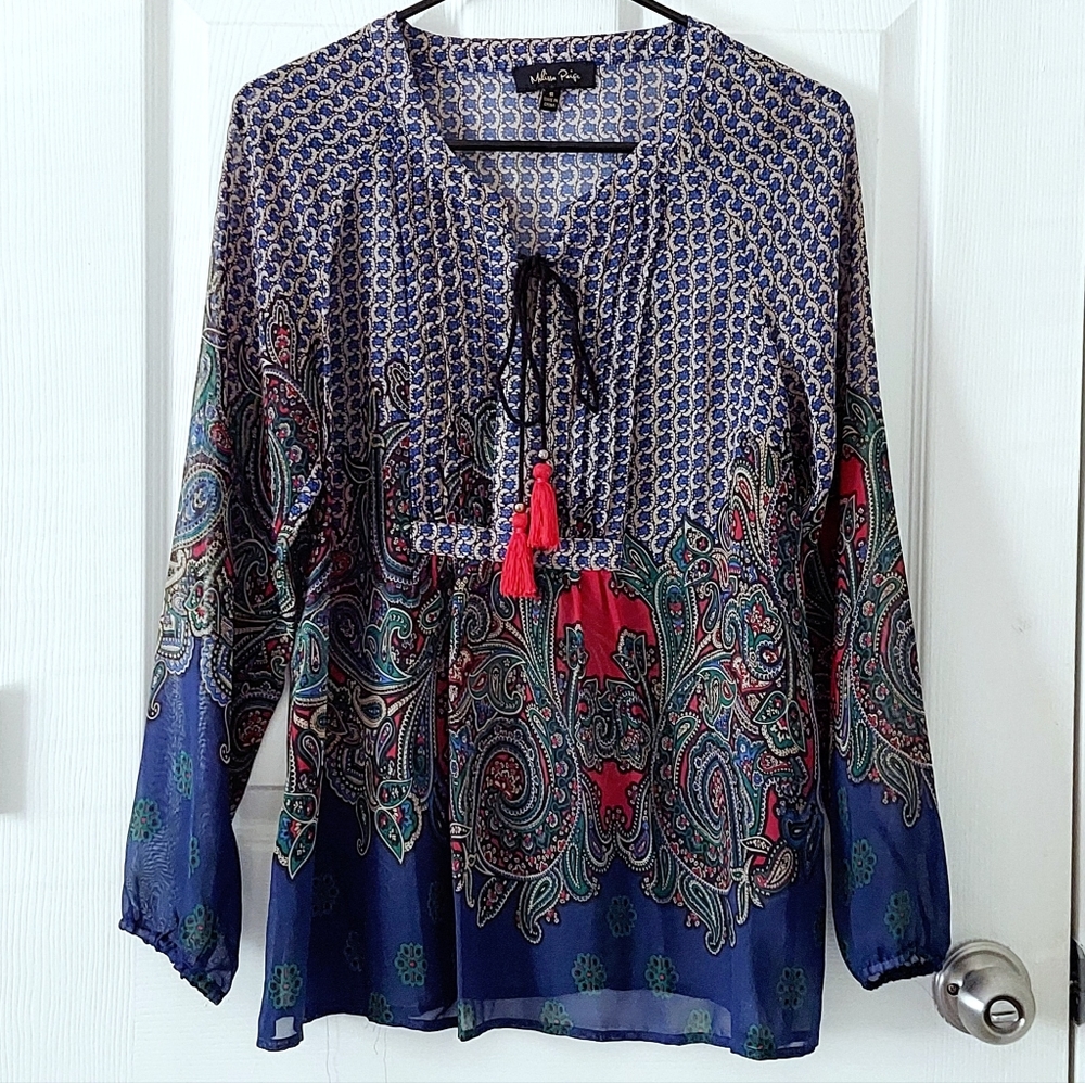 Melissa Paige Floral/Paisley Print Chiffon Top with Tassel Ribbon Detail